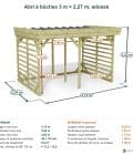 Abri à bûches 3 m × 2,27 m, adossé – cotes extérieures et intérieures