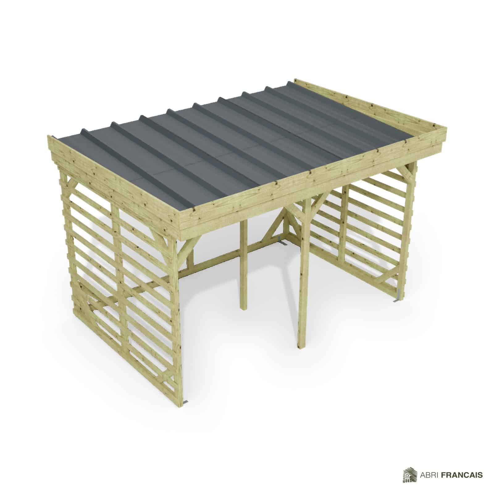 Abri à bûches 3 m × 2,27 m, adossé – vue du toit en bac acier