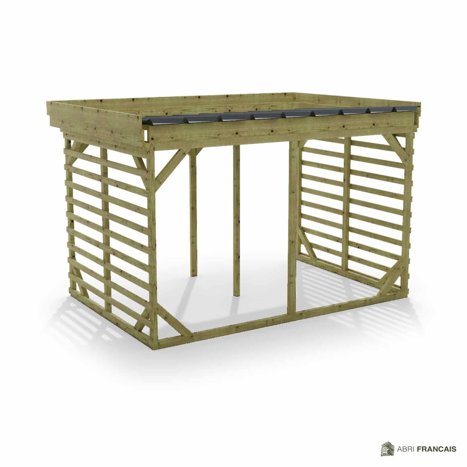 Abri à bûches 3 m × 2,27 m, adossé – vue arrière, fond et côtés