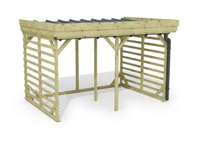 Abri à bûches 3 m × 2,27 m, adossé, avec gouttière – rendu 3D sur fond blanc