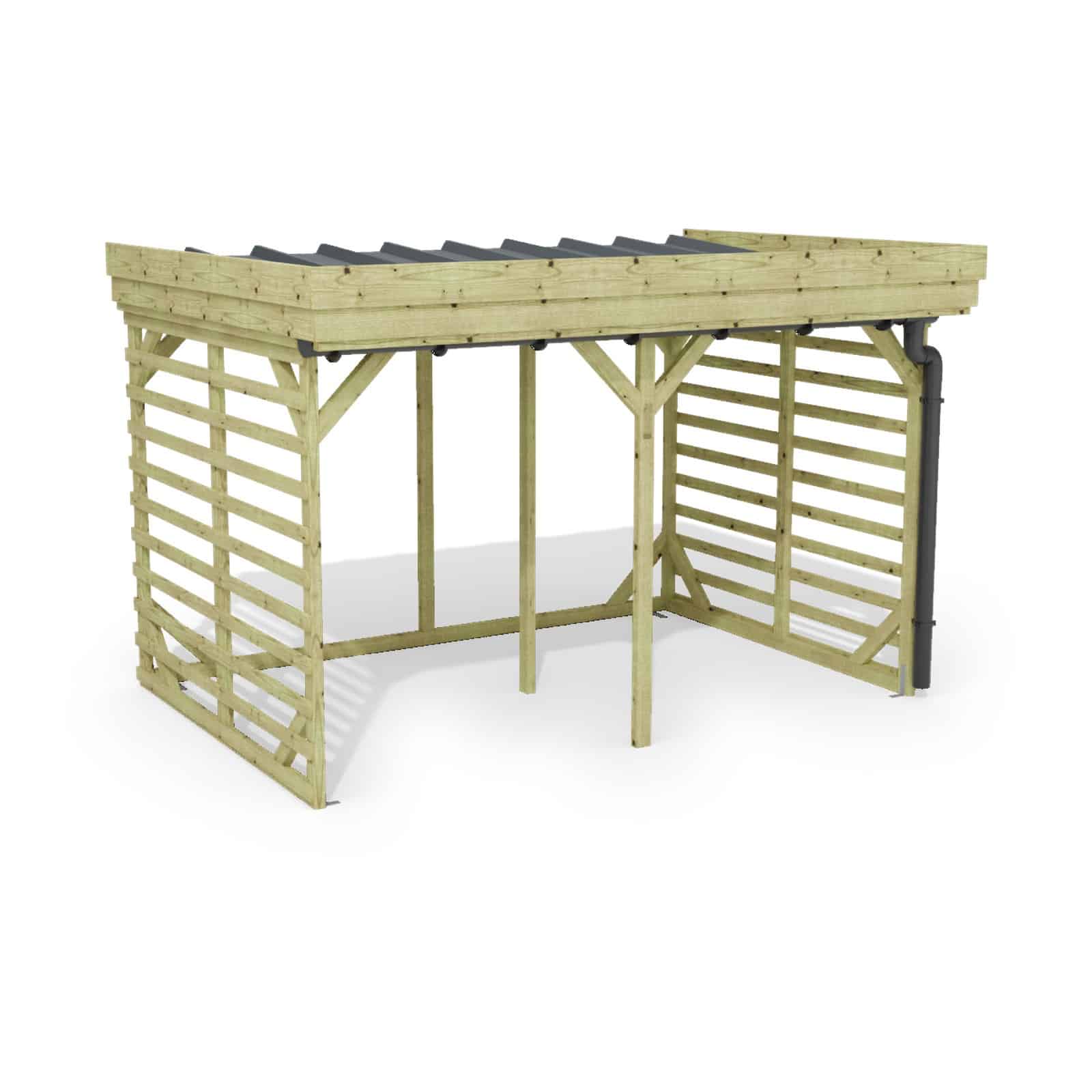 Abri à bûches 3 m × 2,27 m, adossé, avec gouttière – rendu 3D sur fond blanc