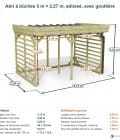 Abri à bûches 3 m × 2,27 m, adossé, avec gouttière – cotes extérieures et intérieures