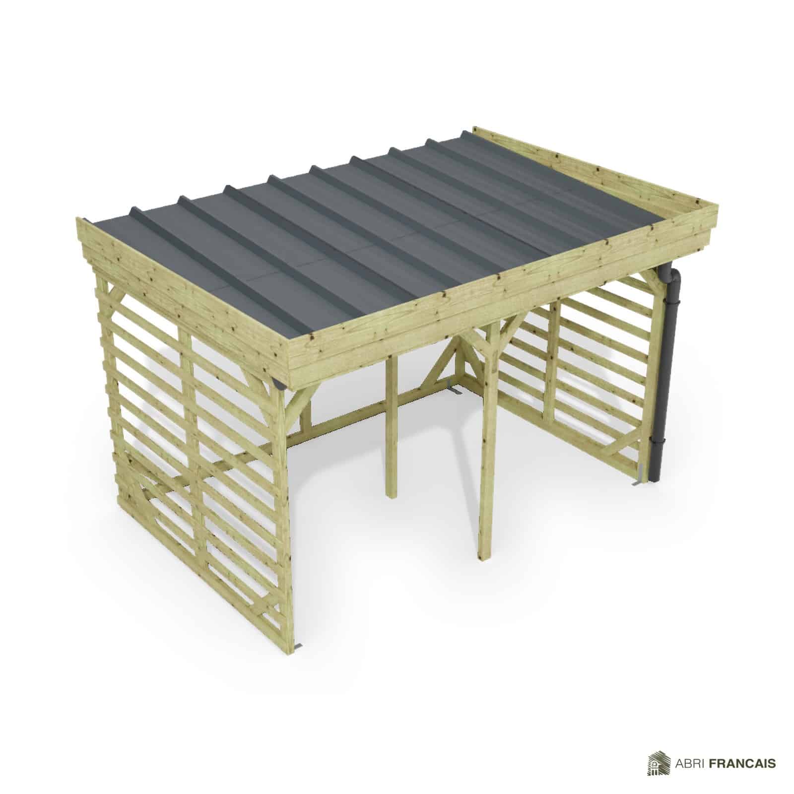 Abri à bûches 3 m × 2,27 m, adossé, avec gouttière – vue du toit en bac acier