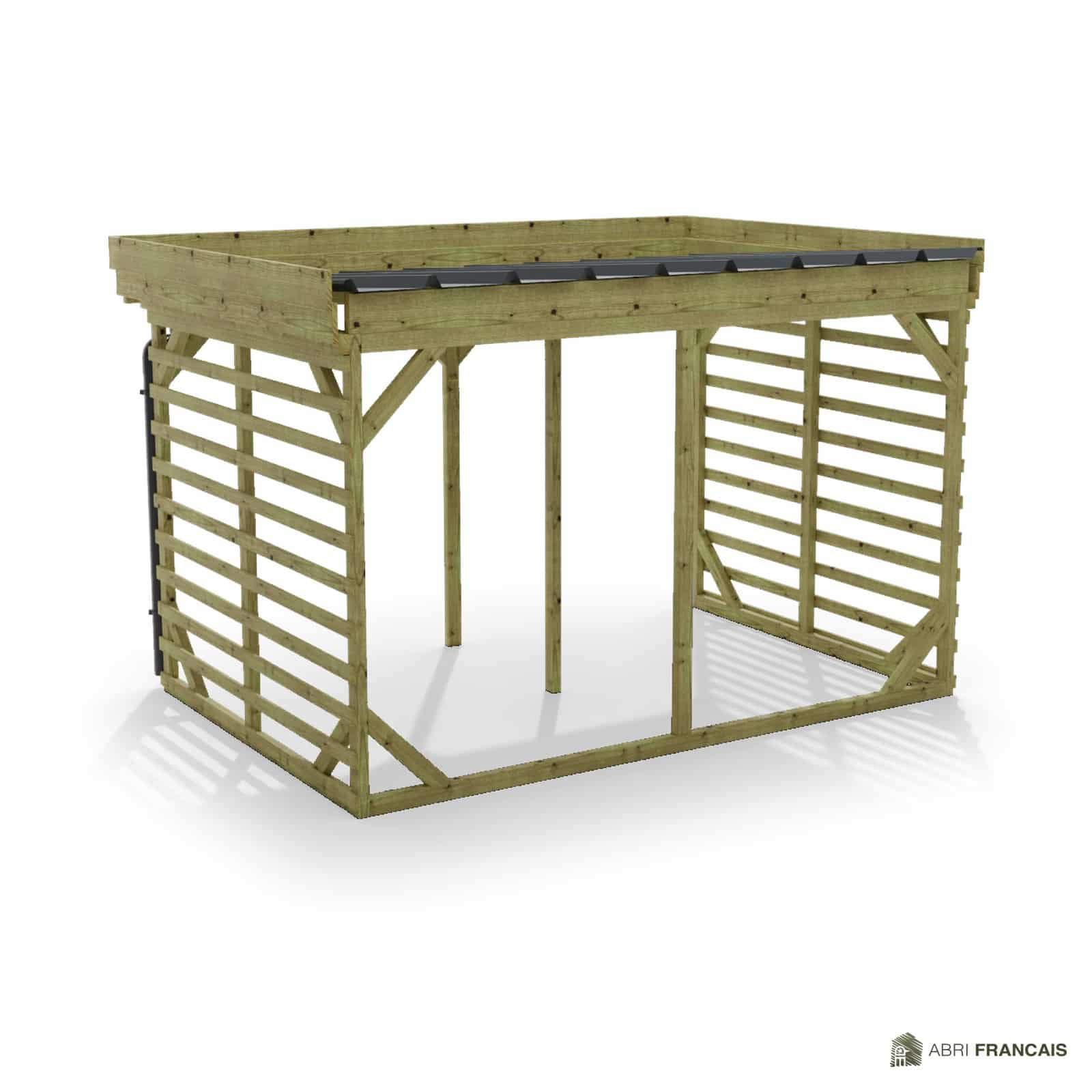 Abri à bûches 3 m × 2,27 m, adossé, avec gouttière – vue arrière, fond et côtés