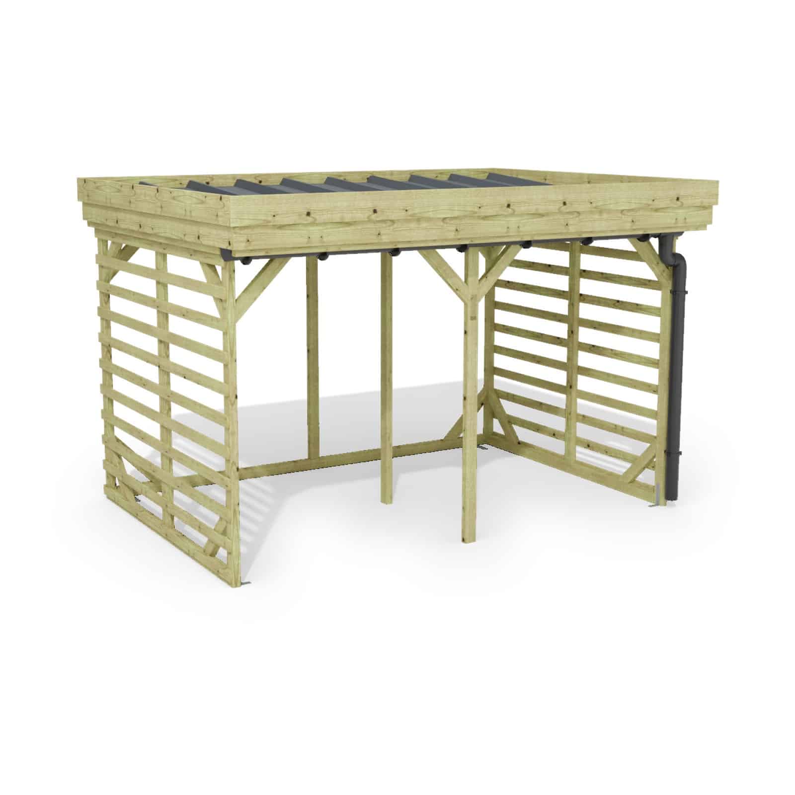 Abri à bûches 3 m × 2,27 m, avec gouttière – rendu 3D sur fond blanc