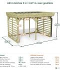 Abri à bûches 3 m × 2,27 m, avec gouttière – cotes extérieures et intérieures