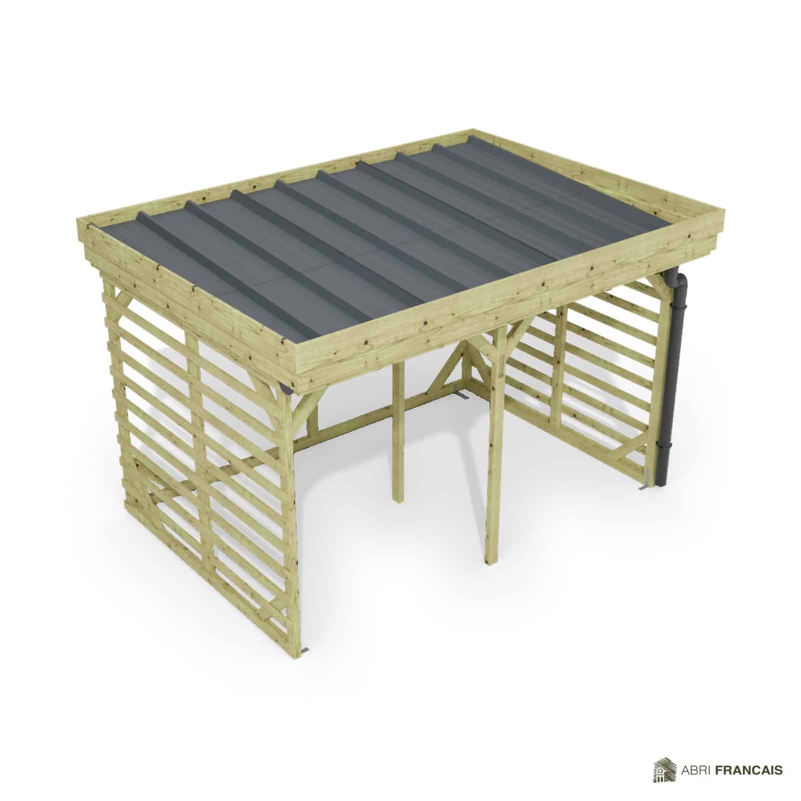 Abri à bûches 3 m × 2,27 m, avec gouttière – vue du toit en bac acier