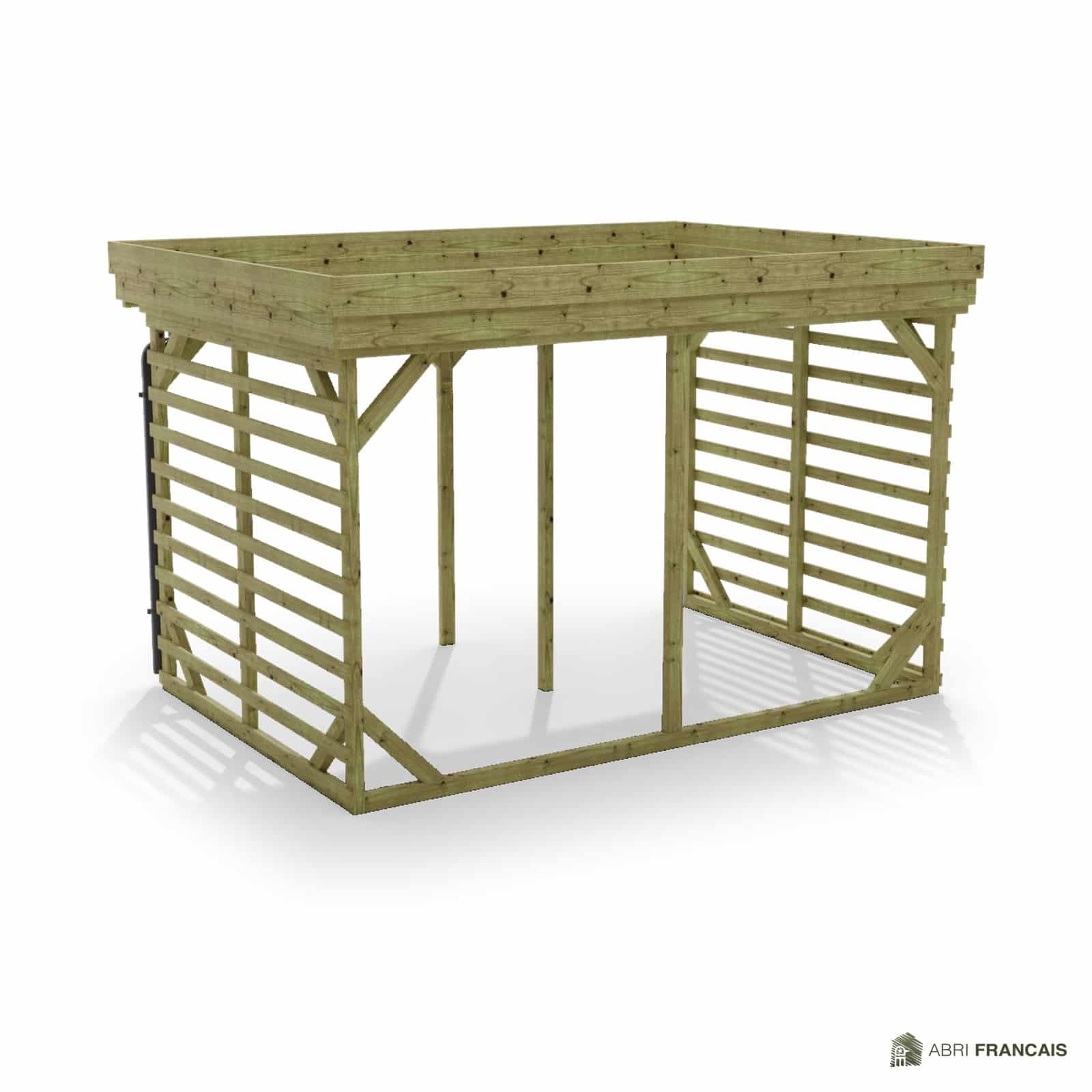 Abri à bûches 3 m × 2,27 m, avec gouttière – vue arrière, fond et côtés