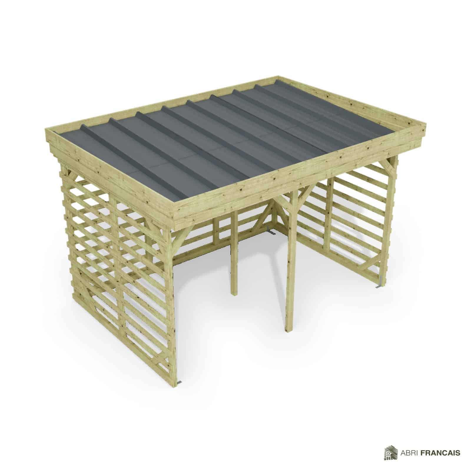 Abri à bûches 3 m × 2,27 m – vue du toit en bac acier