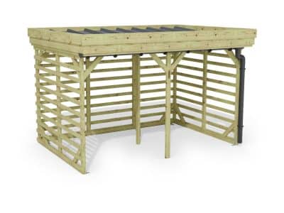 Abri à bûches 3 m × 2,27 m, avec gouttière – rendu 3D sur fond blanc
