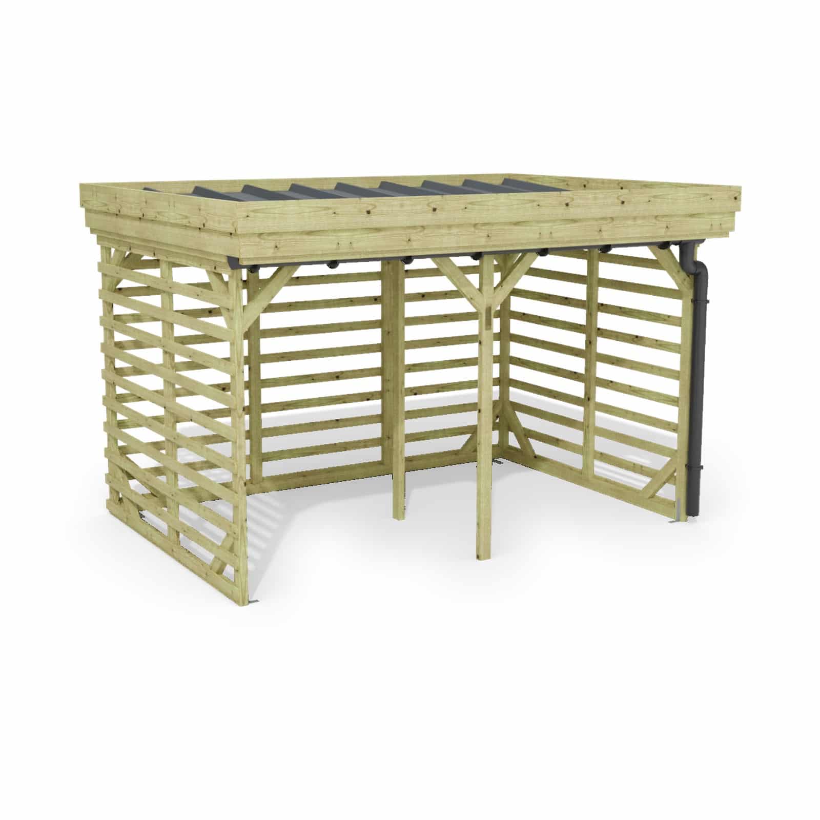 Abri à bûches 3 m × 2,27 m, avec gouttière – rendu 3D sur fond blanc