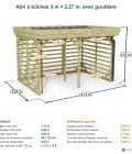 Abri à bûches 3 m × 2,27 m, avec gouttière – cotes extérieures et intérieures