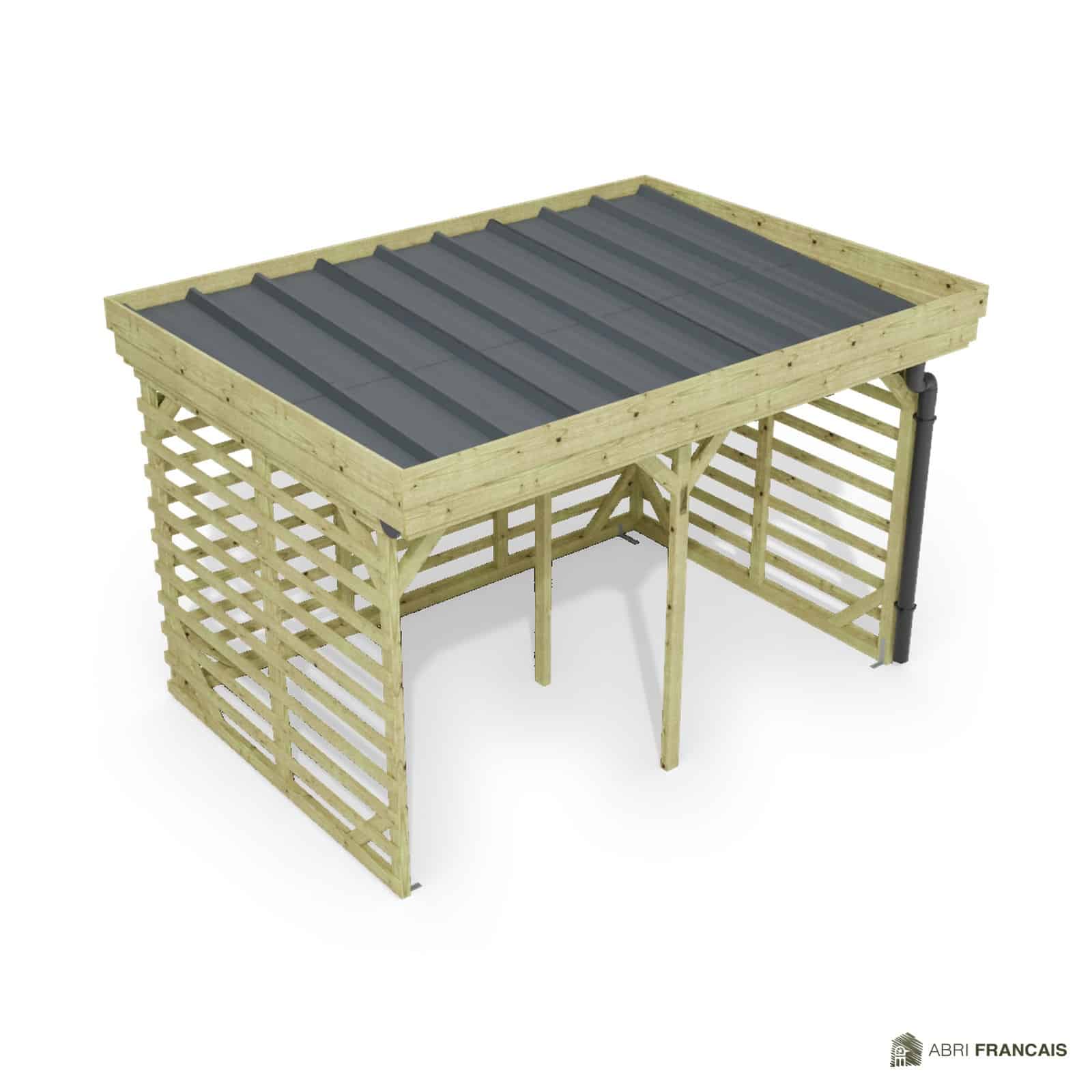 Abri à bûches 3 m × 2,27 m, avec gouttière – vue du toit en bac acier