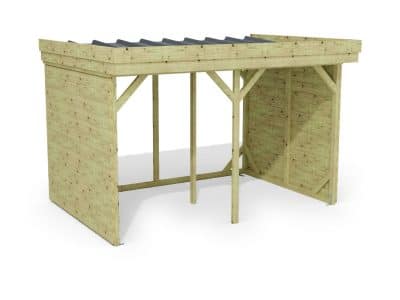 Abri à bûches 3 m × 2,27 m, adossé – rendu 3D sur fond blanc