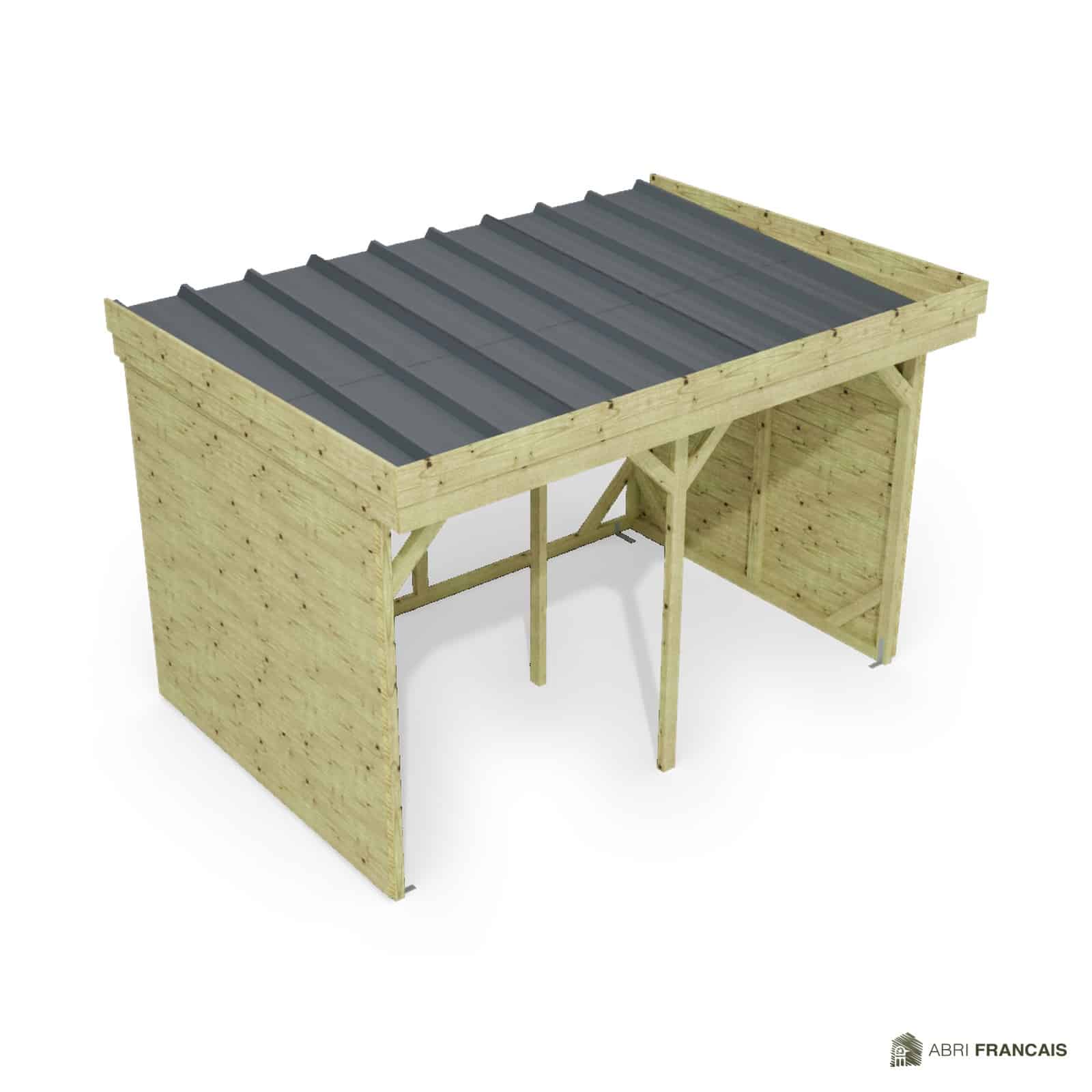 Abri à bûches 3 m × 2,27 m, adossé – vue du toit en bac acier