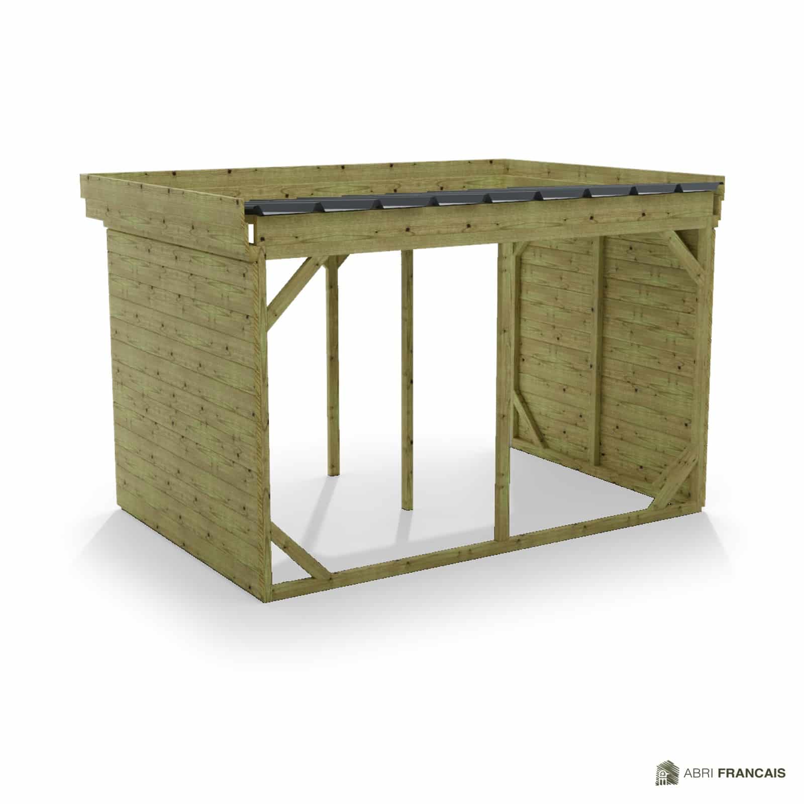 Abri à bûches 3 m × 2,27 m, adossé – vue arrière, fond et côtés