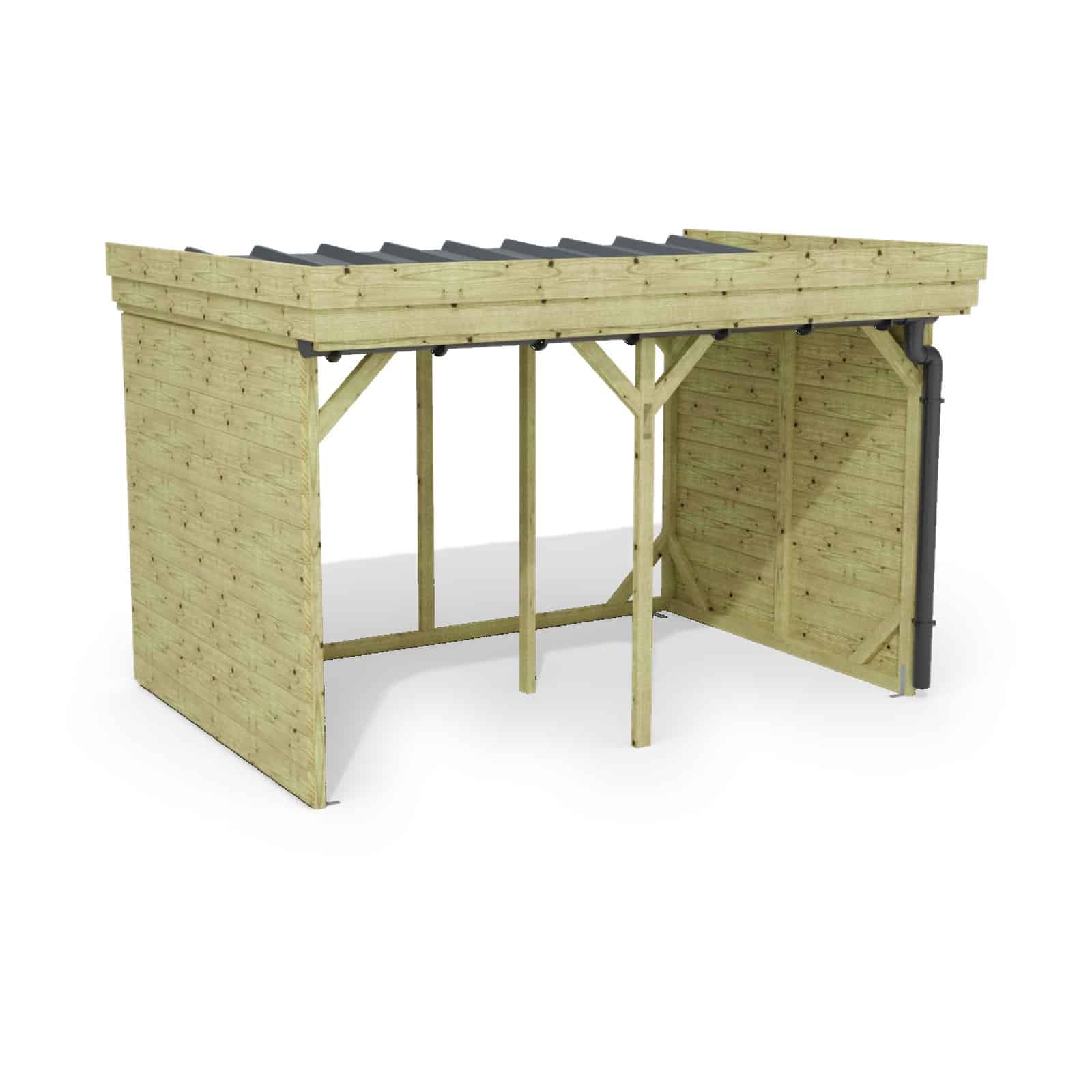 Abri à bûches 3 m × 2,27 m, adossé, avec gouttière – rendu 3D sur fond blanc