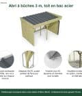 Abri à bûches 3 m × 2,27 m, adossé, avec gouttière – points forts
