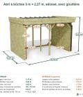 Abri à bûches 3 m × 2,27 m, adossé, avec gouttière – cotes extérieures et intérieures