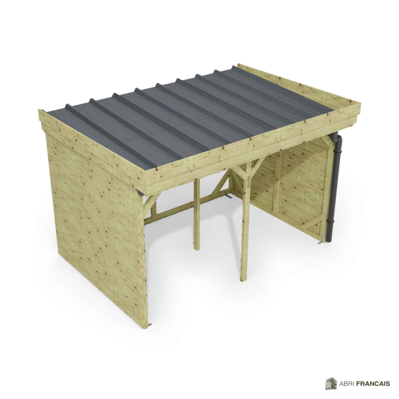 Abri à bûches 3 m × 2,27 m, adossé, avec gouttière – vue du toit en bac acier