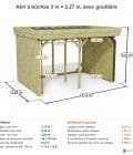 Abri à bûches 3 m × 2,27 m, avec gouttière – cotes extérieures et intérieures