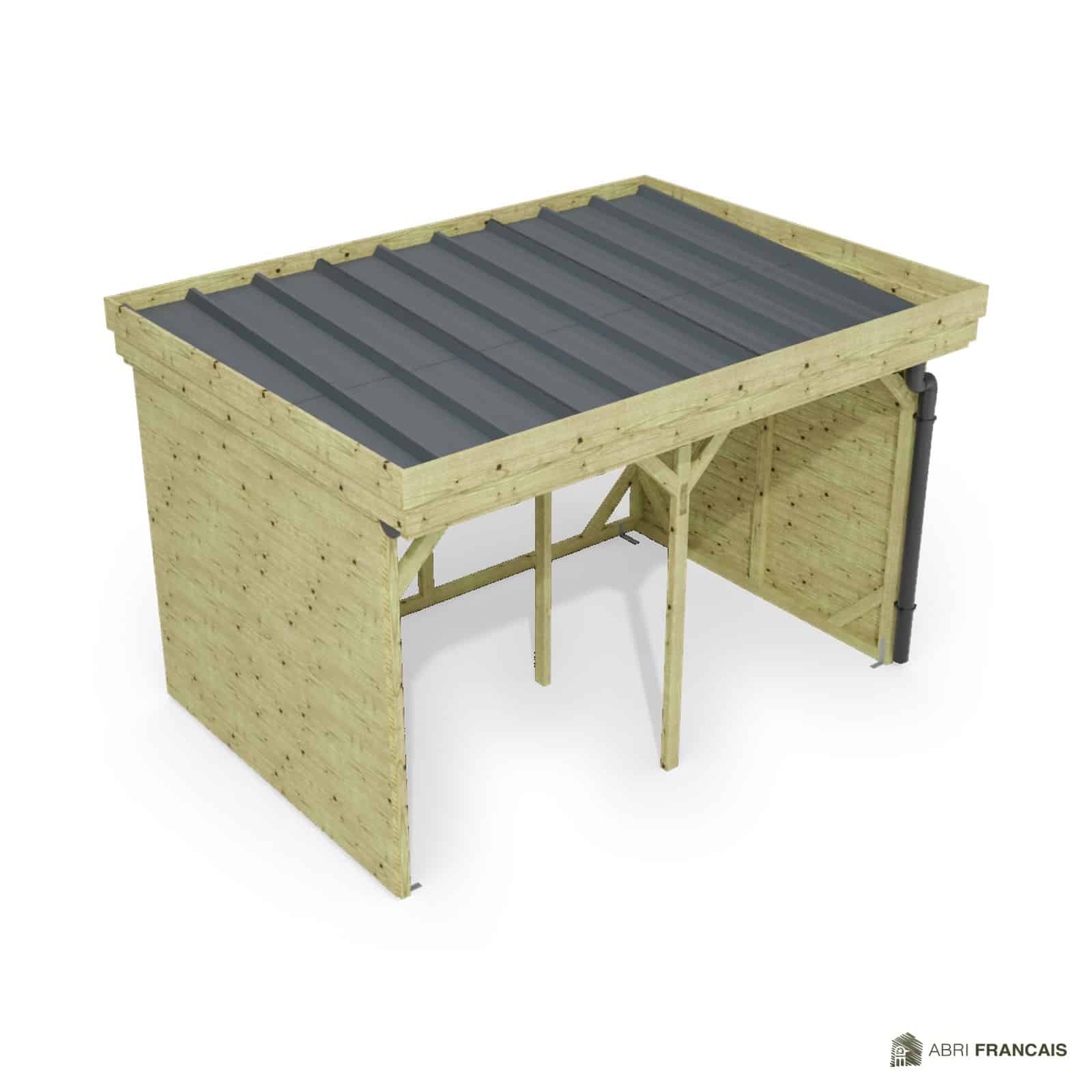 Abri à bûches 3 m × 2,27 m, avec gouttière – vue du toit en bac acier