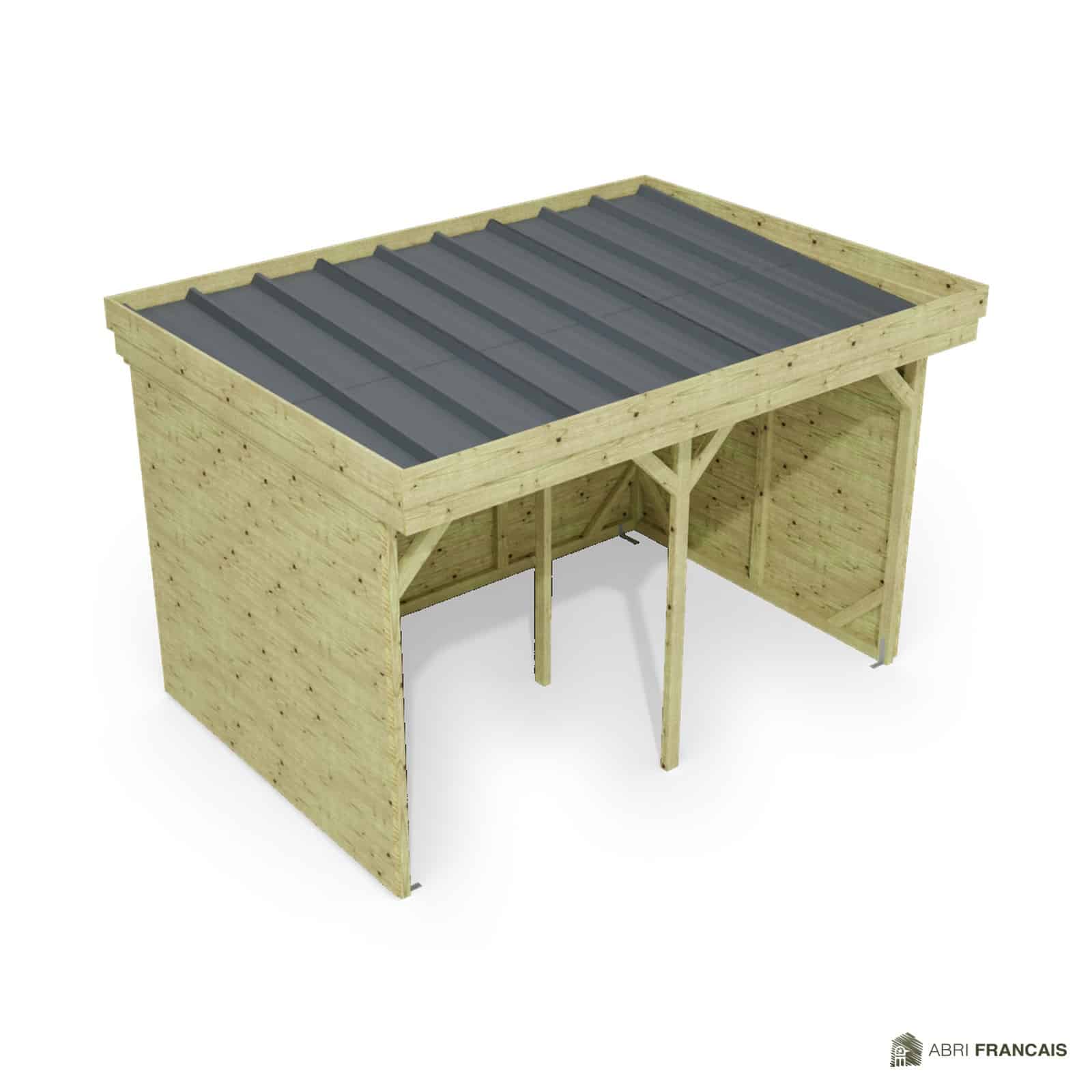 Abri à bûches 3 m × 2,27 m – vue du toit en bac acier