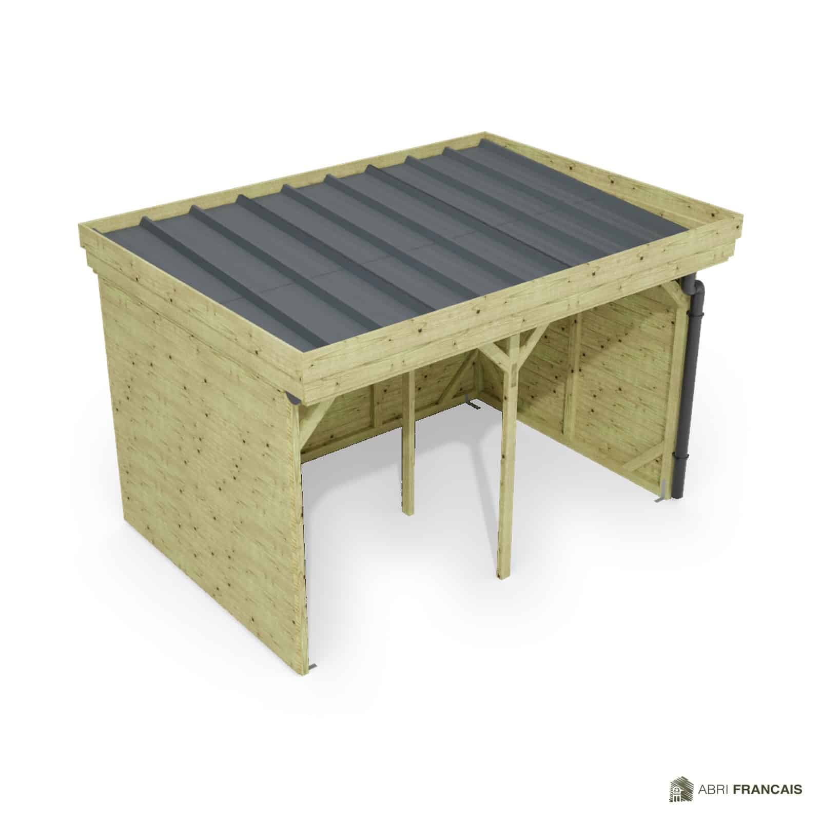 Abri à bûches 3 m × 2,27 m, avec gouttière – vue du toit en bac acier