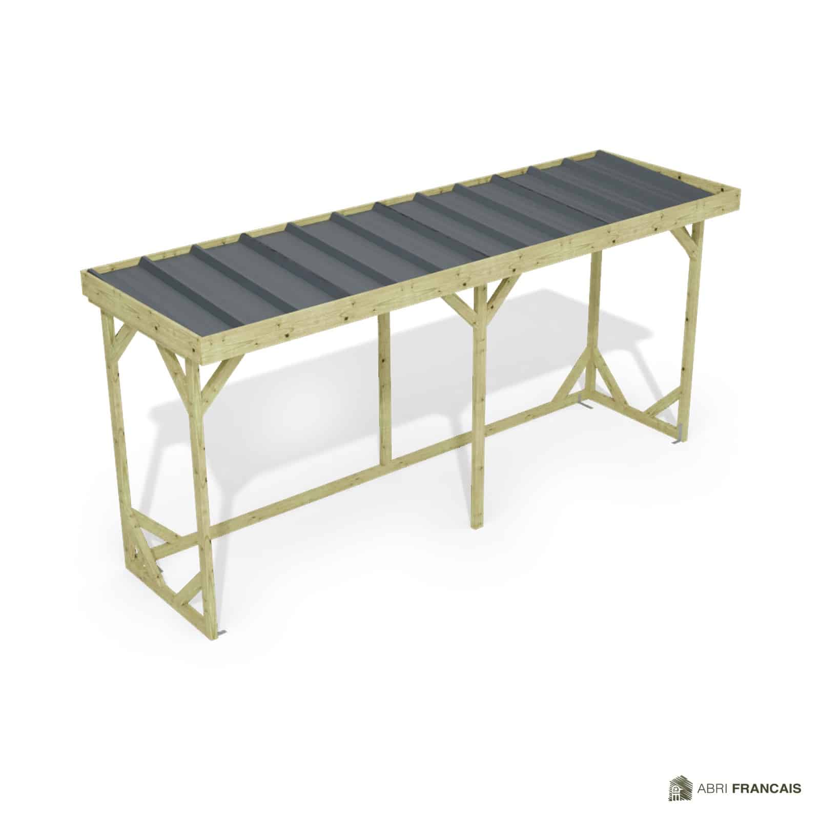 Abri à bûches 4 m × 1,30 m – vue du toit en bac acier