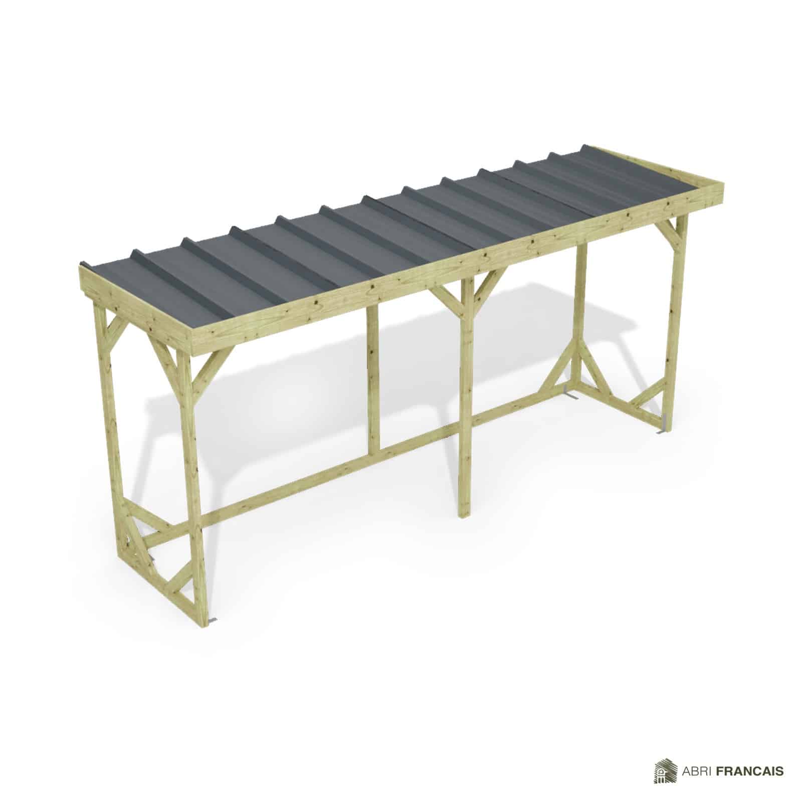 Abri à bûches 4 m × 1,30 m, adossé – vue du toit en bac acier