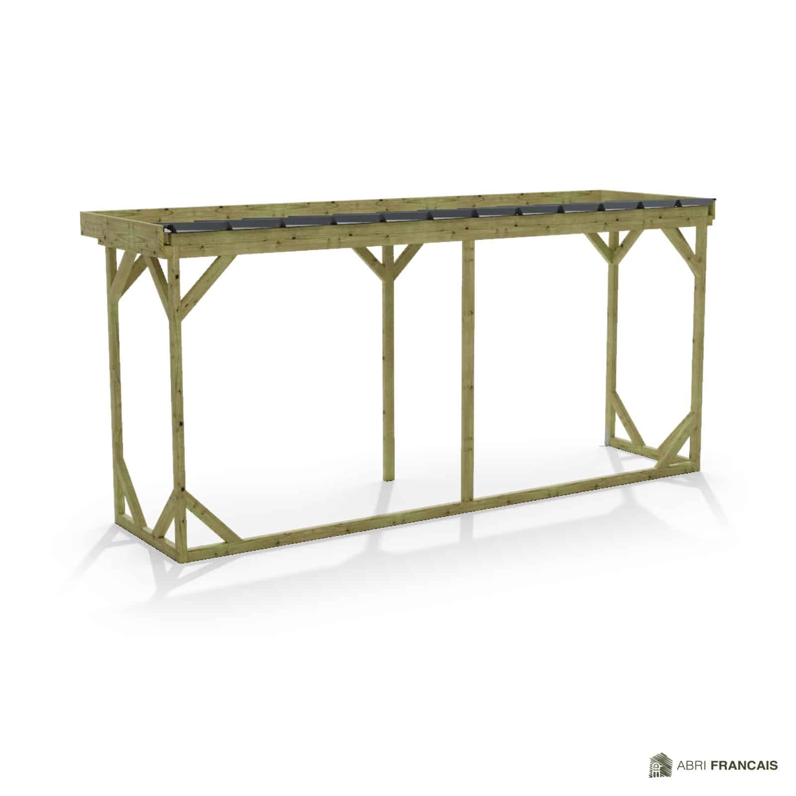 Abri à bûches 4 m × 1,30 m, adossé – vue arrière, fond et côtés