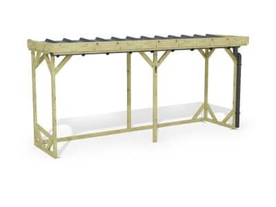 Abri à bûches 4 m × 1,30 m, adossé, avec gouttière – rendu 3D sur fond blanc