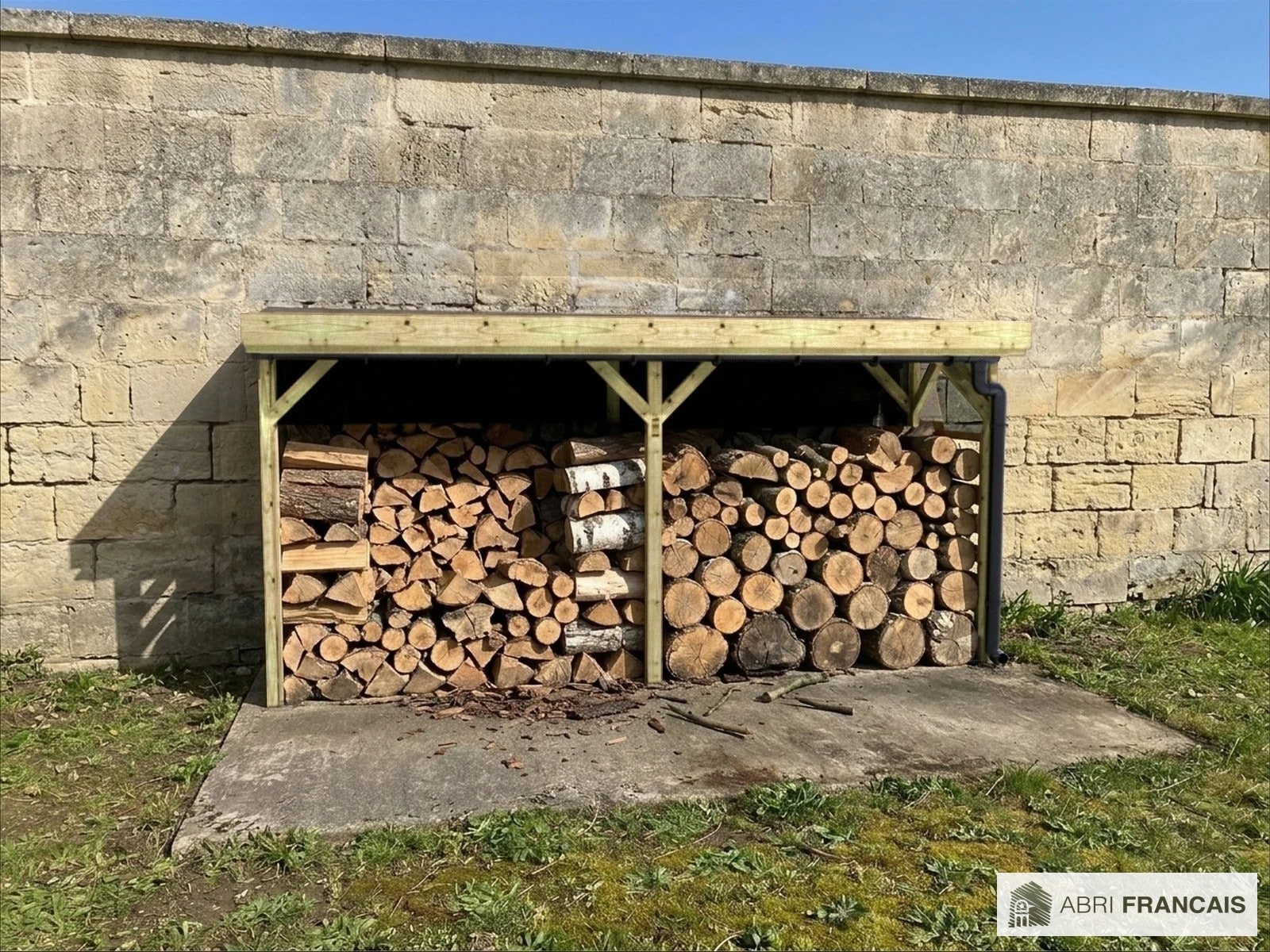 Abri à bûches 4 m × 1,30 m, adossé, avec gouttière – mise en situation