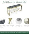 Abri à bûches 4 m × 1,30 m, adossé, avec gouttière – points forts