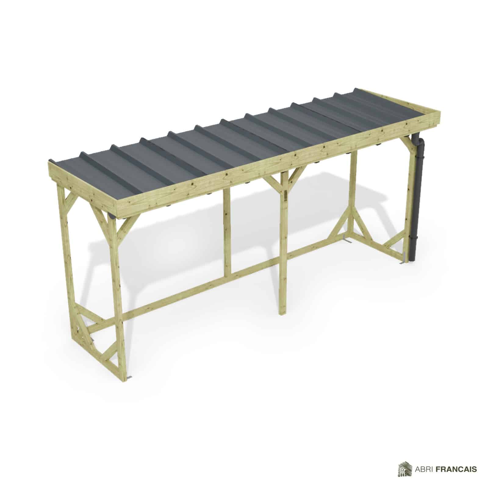 Abri à bûches 4 m × 1,30 m, adossé, avec gouttière – vue du toit en bac acier