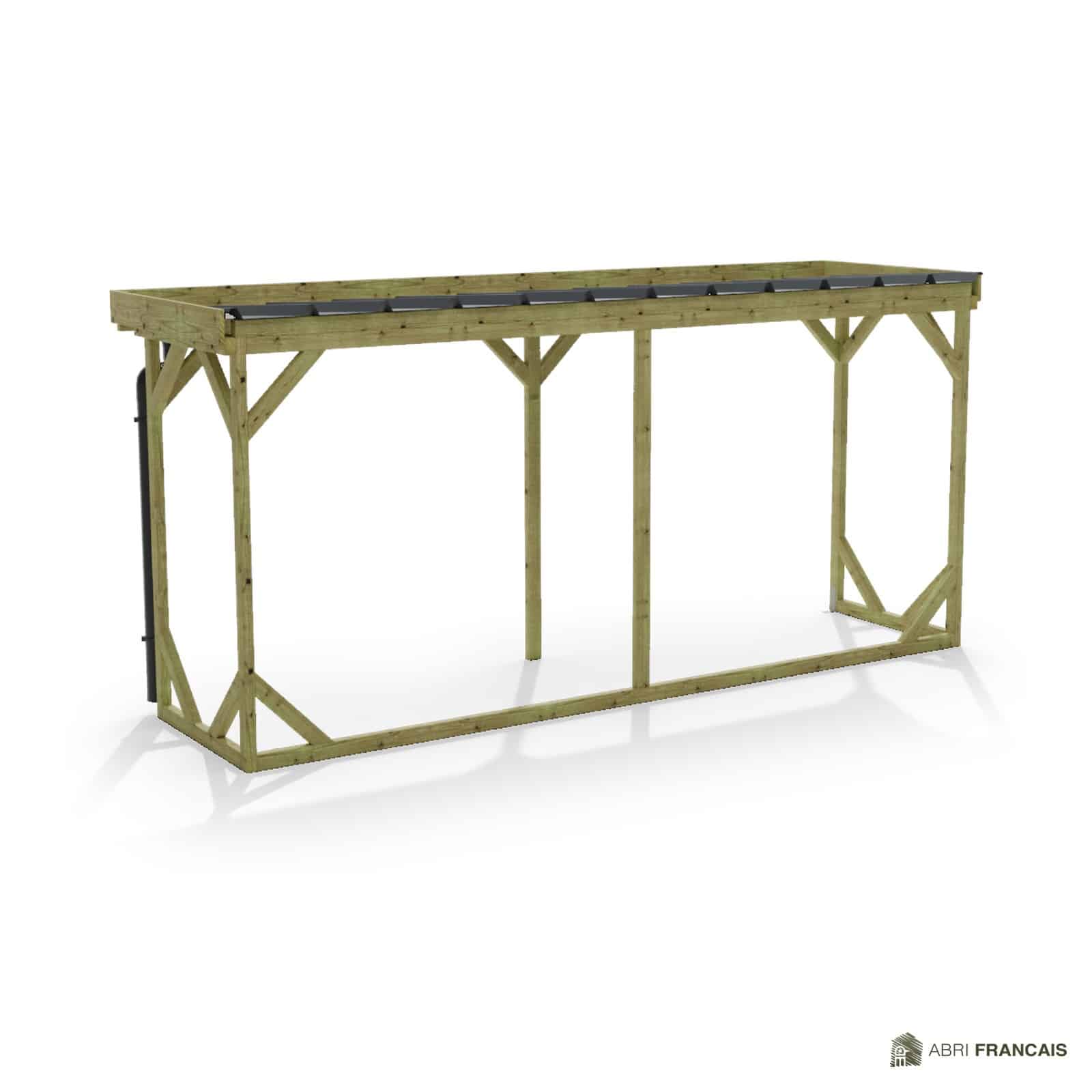 Abri à bûches 4 m × 1,30 m, adossé, avec gouttière – vue arrière, fond et côtés