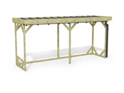 Abri à bûches 4 m × 1,30 m, avec gouttière – rendu 3D sur fond blanc