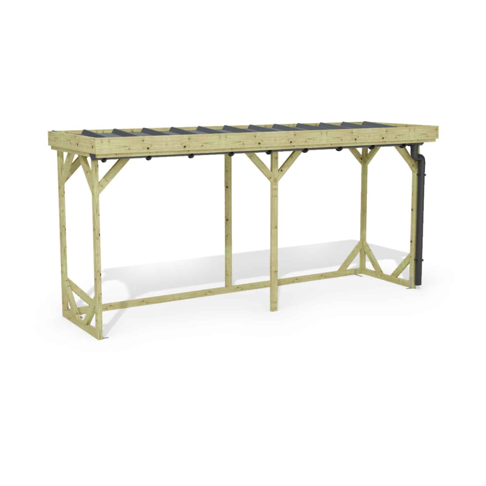 Abri à bûches 4 m × 1,30 m, avec gouttière – rendu 3D sur fond blanc