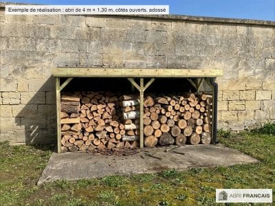 Abri à bûches 4 m × 1,30 m, avec gouttière – mise en situation