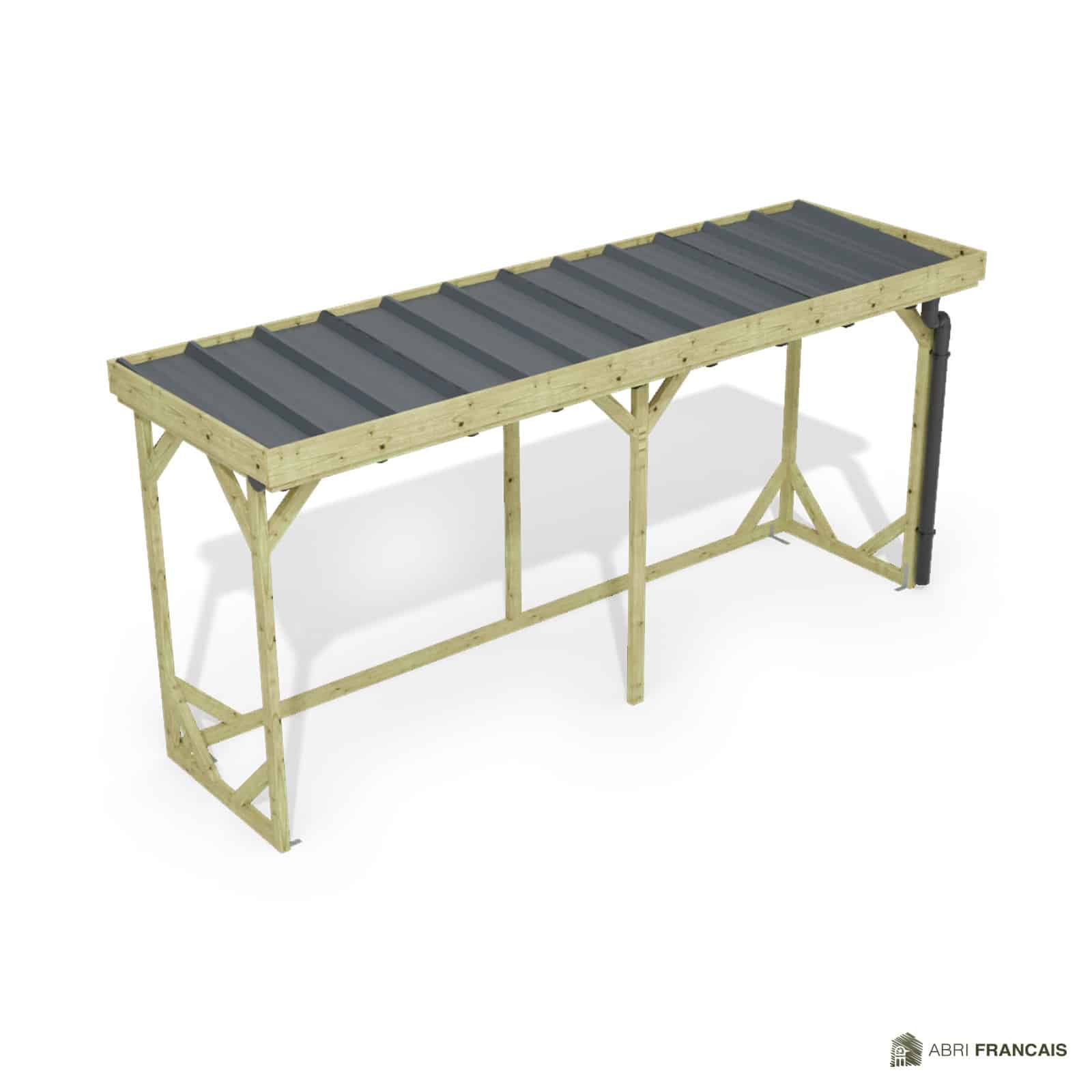 Abri à bûches 4 m × 1,30 m, avec gouttière – vue du toit en bac acier