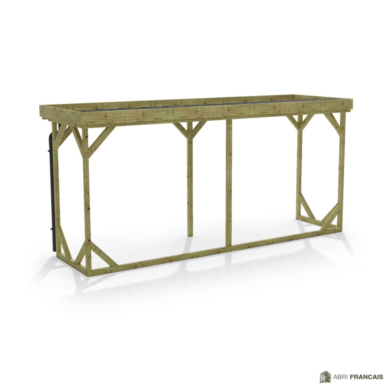 Abri à bûches 4 m × 1,30 m, avec gouttière – vue arrière, fond et côtés