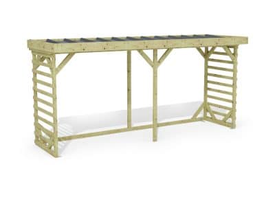 Abri à bûches 4 m × 1,30 m – rendu 3D sur fond blanc