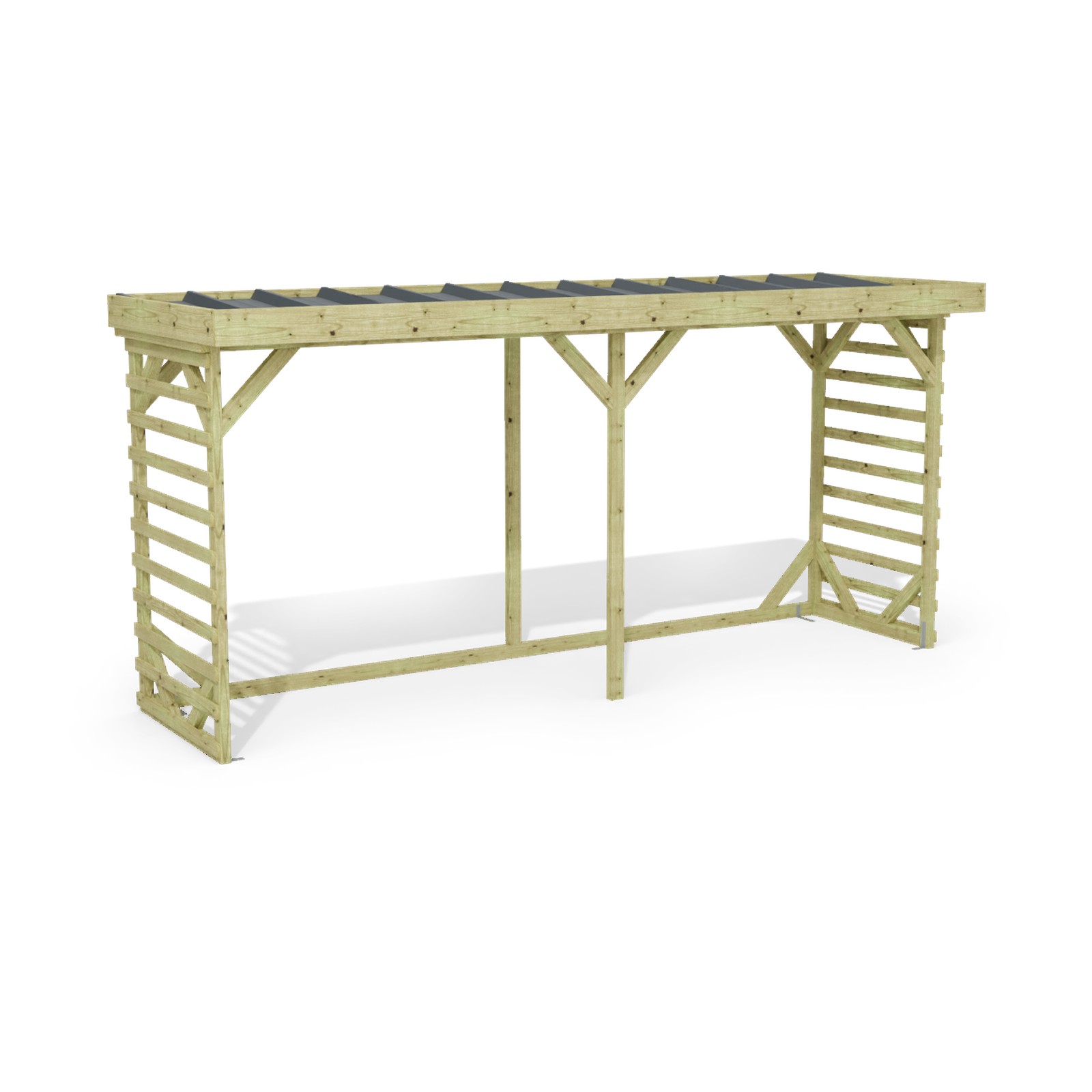 Abri à bûches 4 m × 1,30 m – rendu 3D sur fond blanc