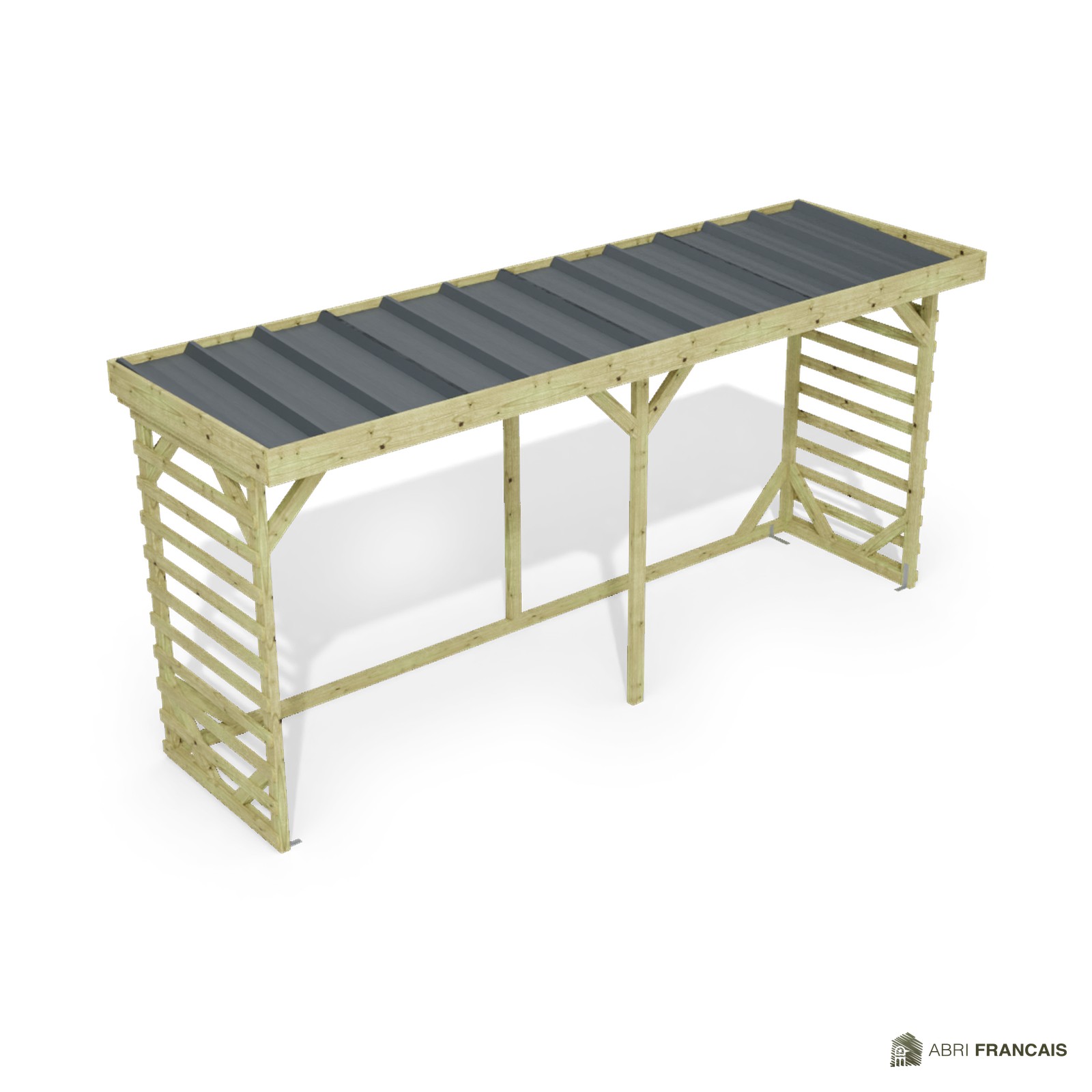 Abri à bûches 4 m × 1,30 m – vue du toit en bac acier
