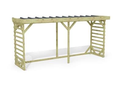 Abri à bûches 4 m × 1,30 m, adossé – rendu 3D sur fond blanc