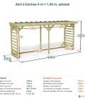 Abri à bûches 4 m × 1,30 m, adossé – cotes extérieures et intérieures