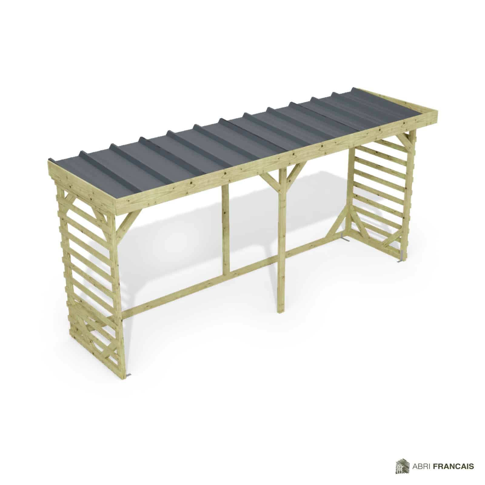 Abri à bûches 4 m × 1,30 m, adossé – vue du toit en bac acier