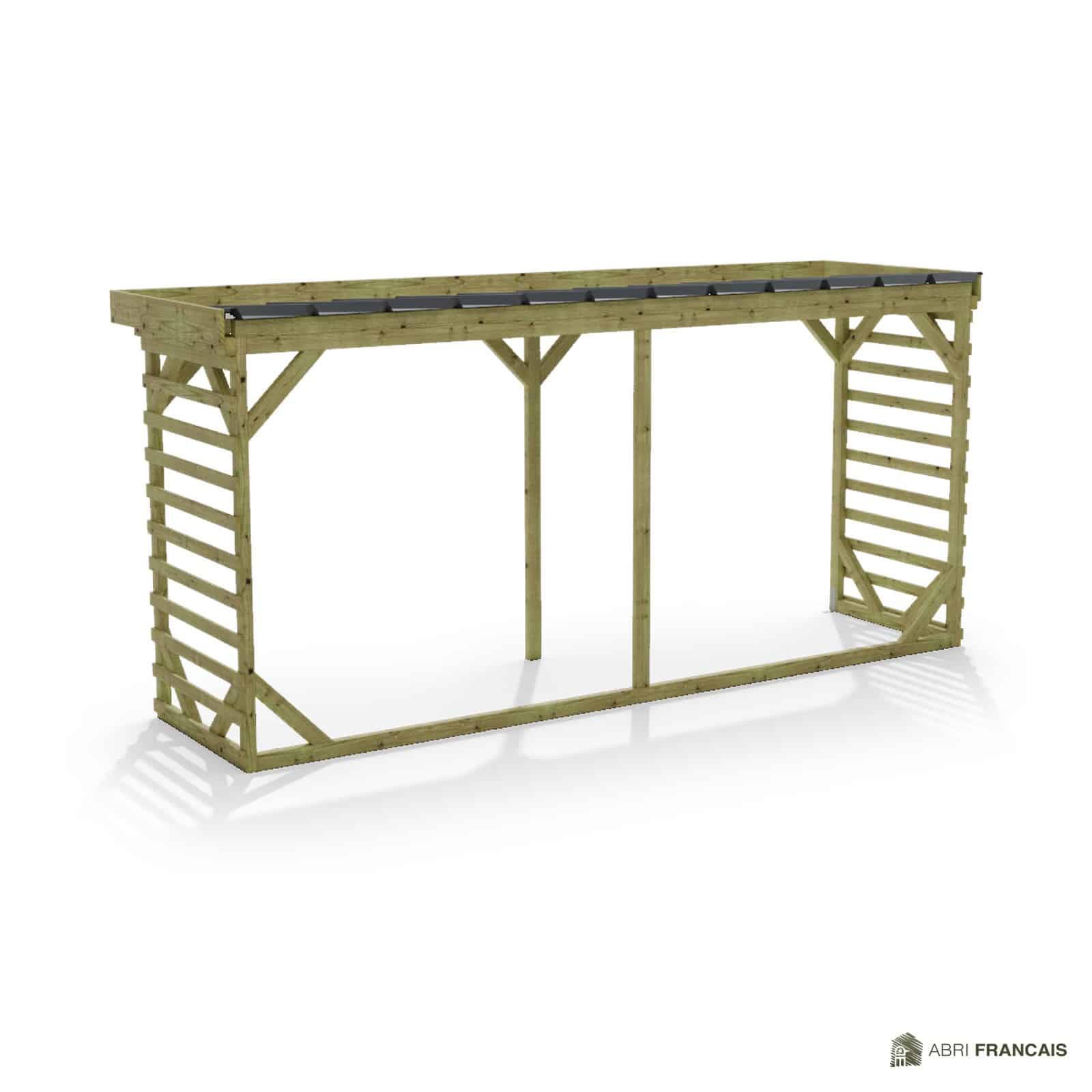 Abri à bûches 4 m × 1,30 m, adossé – vue arrière, fond et côtés