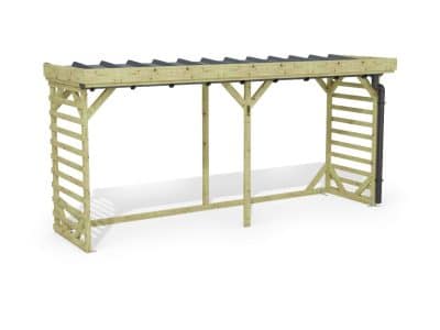 Abri à bûches 4 m × 1,30 m, adossé, avec gouttière – rendu 3D sur fond blanc