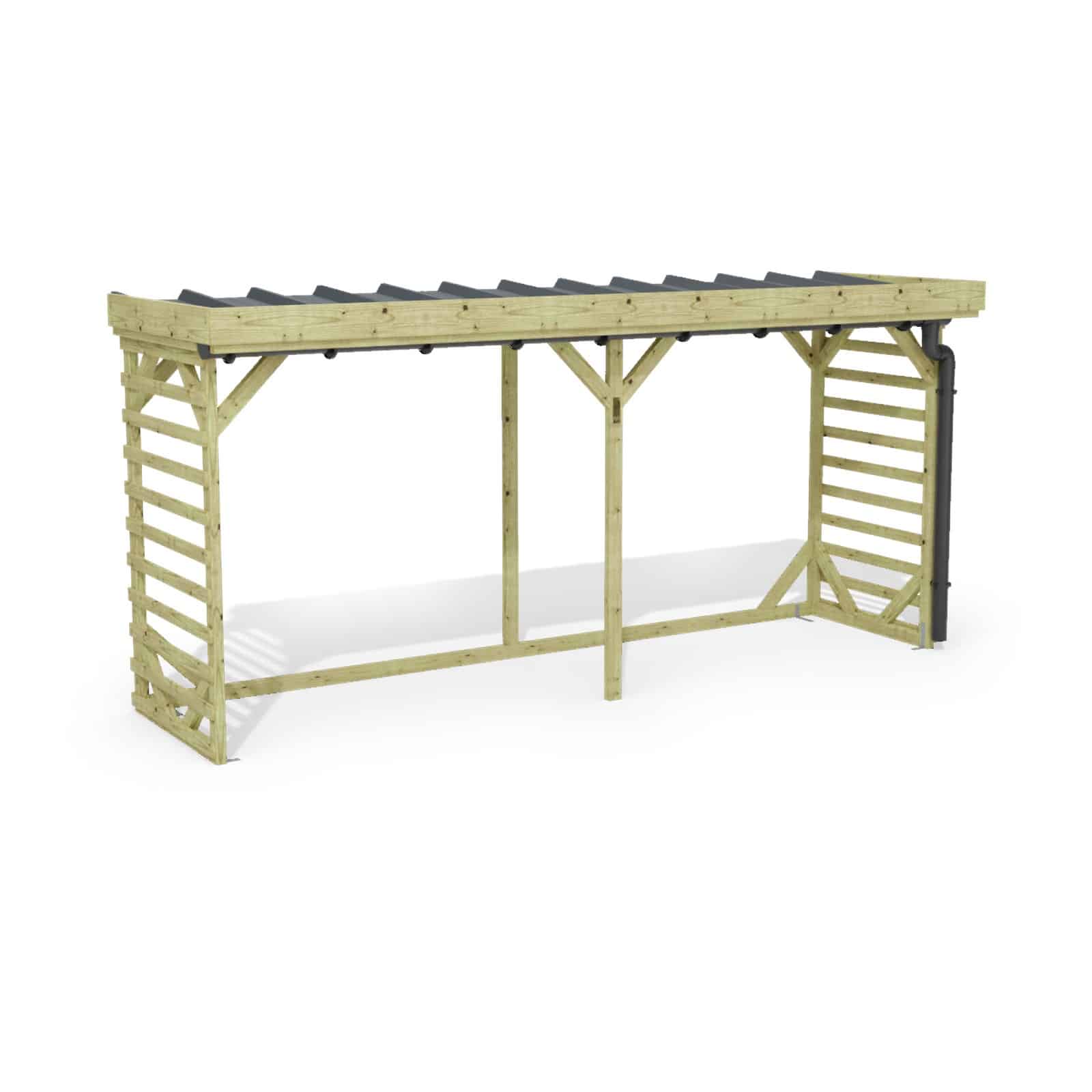 Abri à bûches 4 m × 1,30 m, adossé, avec gouttière – rendu 3D sur fond blanc